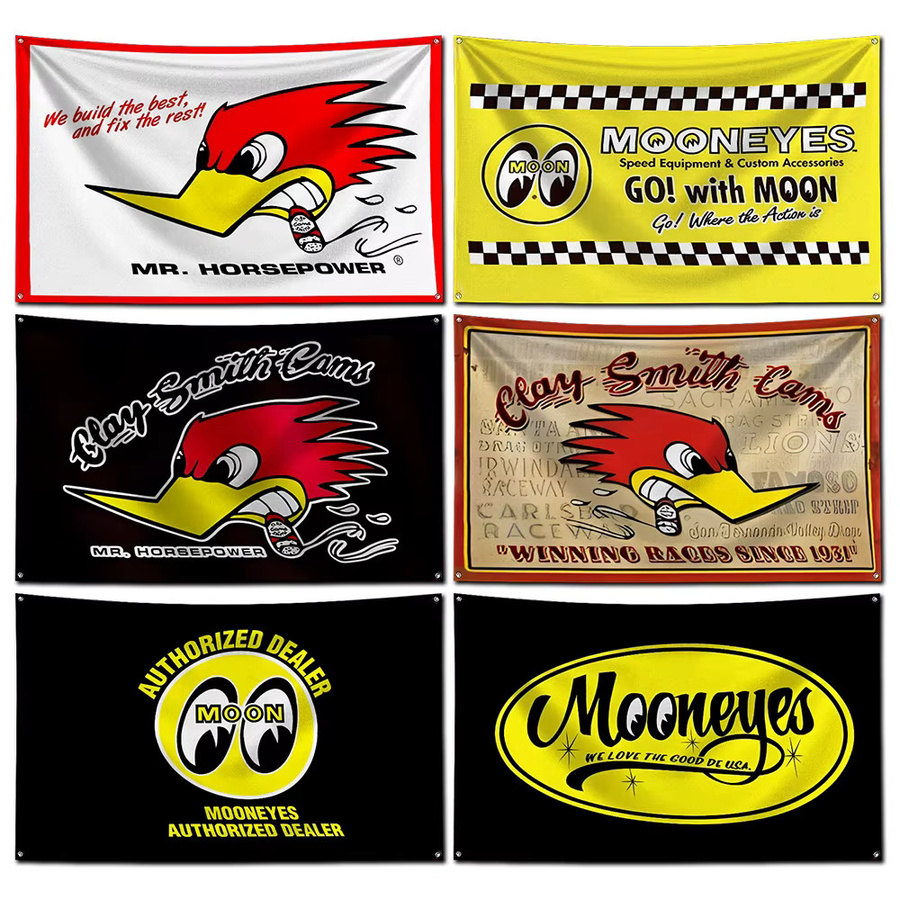 Mr.Horsepower Clay Smith Cams Mooneyes Flagge aus Polyester als Digitaldruck Banner für deine Garage oder Outdoor-Dekoration, Multicolor, Breite: 152,4 cm, Höhe: 91,44 cm - Bild 1