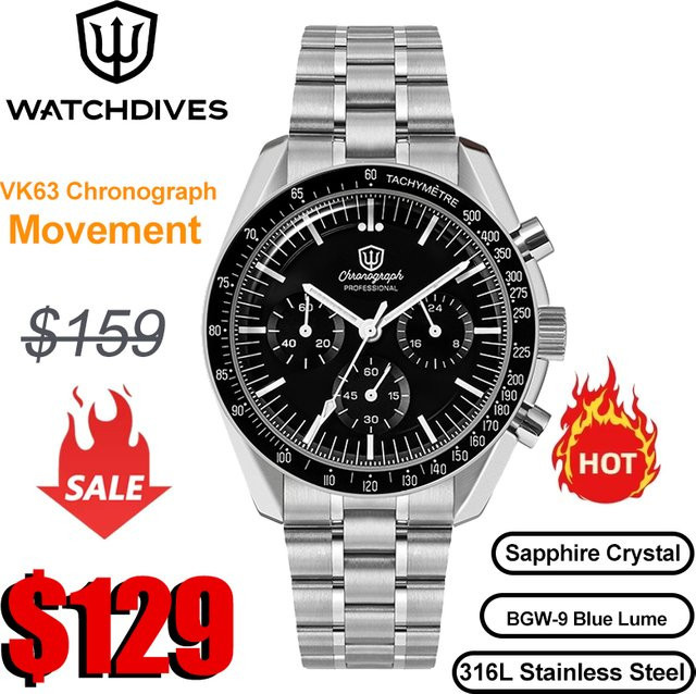 Watchdives Chronograph, Quarz, Edelstahl, Saphirglas, 39 mm, Unisex - Bild 1