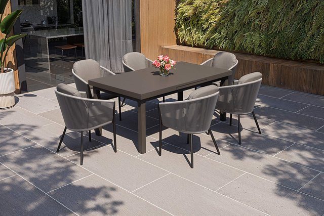OUTFLEXX Tavio Garten-Essgruppe in Anthrazit Matt und Dunkelgrau mit Ausziehtisch und 6 Dining Sesseln aus Aluminium, Rope-Geflecht und Glas, Tisch B: 180 bis 240 cm, T: 100 cm, H: 76 cm - Bild 1
