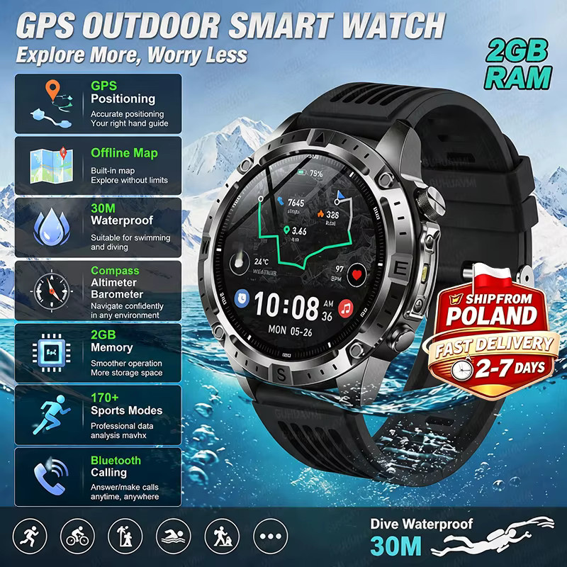GUHUAVMI Outdoor-Leader Smartwatch für Herren in Schwarz mit 1,43 Zoll AMOLED HD, GPS, Bluetooth-Anruffunktion, Kompass und Taschenlampe, 3ATM wasserdicht - Bild 7