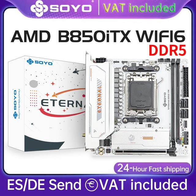 SOYO B850ITX Mini-ITX Motherboard für AMD Ryzen AM5 Prozessoren, unterstützt DDR5, PCIe 5.0 x16, PCIe 4.0 x4 M.2, WIFI6, Weiß - Bild 1