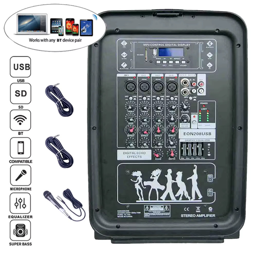 ZUIDID Professionelles PA-Lautsprechersystem mit 800W Leistung, 4-Kanal Audio-Powermixer, 2x8 Zoll Lautsprecher, Bluetooth und drahtlosen Mikrofonen, Schwarz - Bild 3