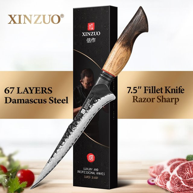 XINZUO 7-Zoll Filetmesser aus Damaststahl mit 67 Lagen geschmiedeter Klinge und Holzgriff in Multicolour - Bild 1