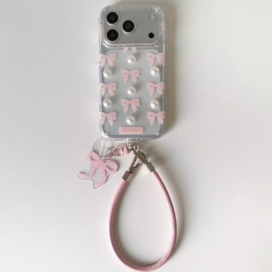 Glitzernde 3D Schmetterlings-Schleife Handyhülle mit Perlen und Lanyard für iPhone 17 Pro Max, 16 Pro, 15 Plus, 14, 13 in Pink - Bild 2