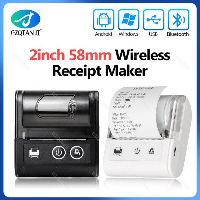 KMZONE Mini Bluetooth Thermodrucker Schwarz mit USB-Anschluss für iOS, Android und Computer, 58mm Druckbreite - Bild 1