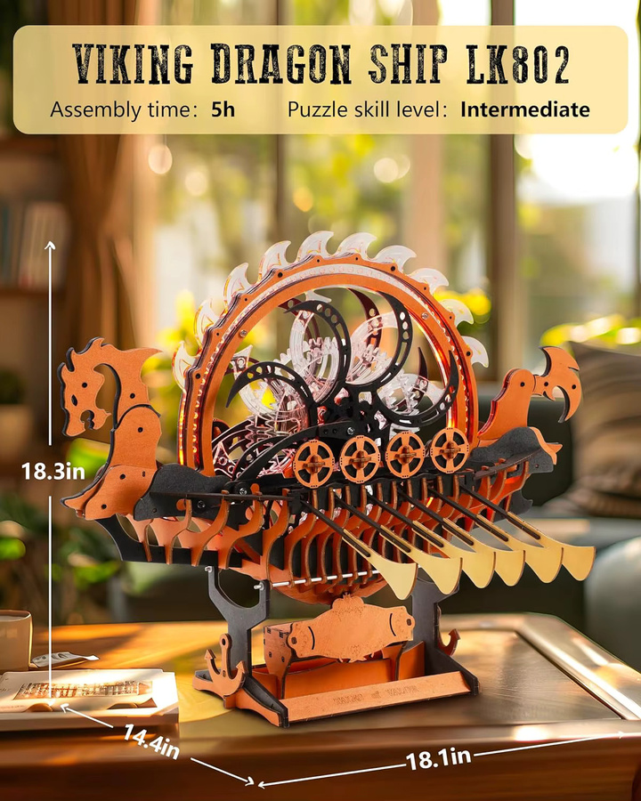 Robotime Wikinger-Drachenschiff, Mechanisches Holzpuzzle, 229 Teile, ab 14 Jahren - Bild 5