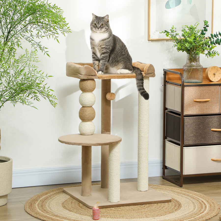 PawHut Kratzbaum in Kaffee mit Sprungplattform, Bett und Spielball, Katzenbaum mit Jute-Kratzsäulen für Katzen bis 7 kg, Höhe: 86 cm - Bild 2