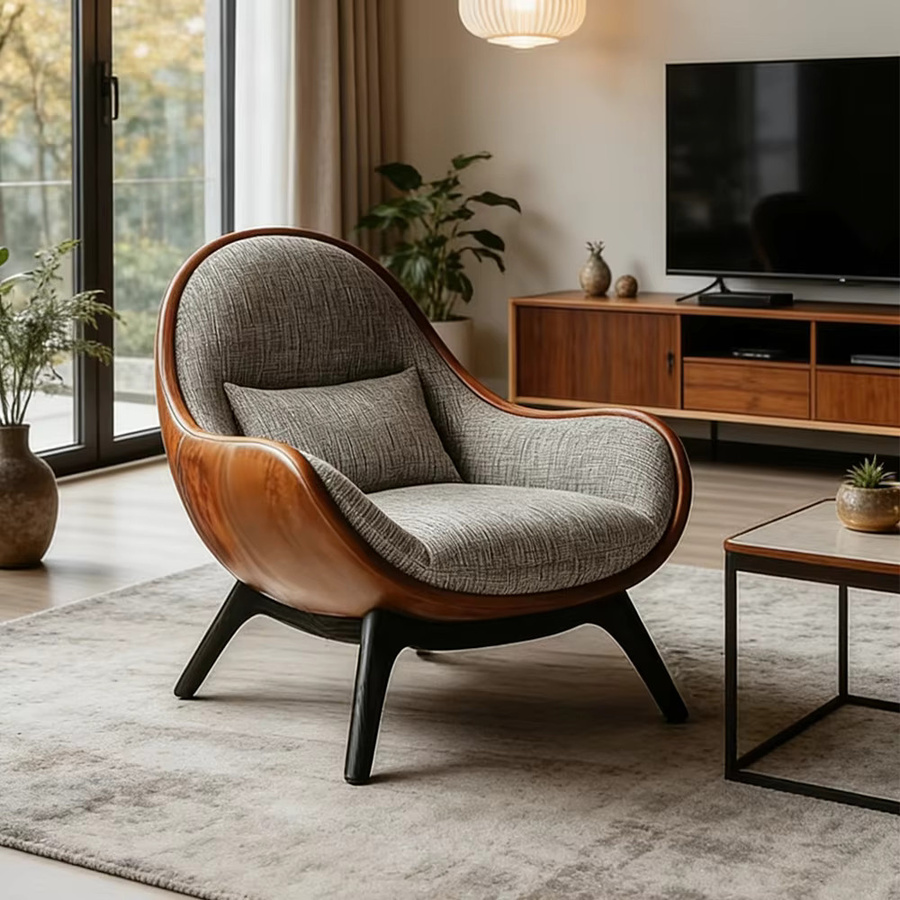 klNordic Loungesessel im skandinavischen Stil mit Massivholzrahmen und grauer Stoffpolsterung - Bild 5