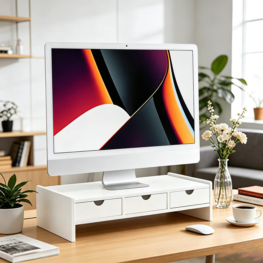 Doppelschichtiges halbkreisförmiges Desktop-Aufbewahrungsregal mit drei Schubladen als ergonomischer Monitorständer und Laptop-Erhöhungshalterung in Weiß - Bild 3