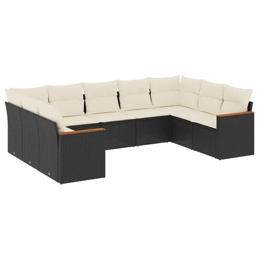 vidaXL 9-tlg Garten-Sofagarnitur in L-Form aus Poly-Rattan und Akazienholz mit Kissen in Schwarz - Bild 2