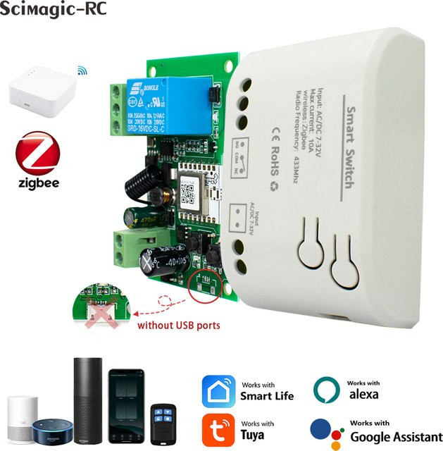 Scimagic-RC Mini Zigbee Smart 1-Kanal-Relaisschalter zur kabellosen Lichtvorhang-Motorsteuerung mit Tuya-App und Sprachsteuerung über Alexa und Google, 12 V–250 V - Bild 1