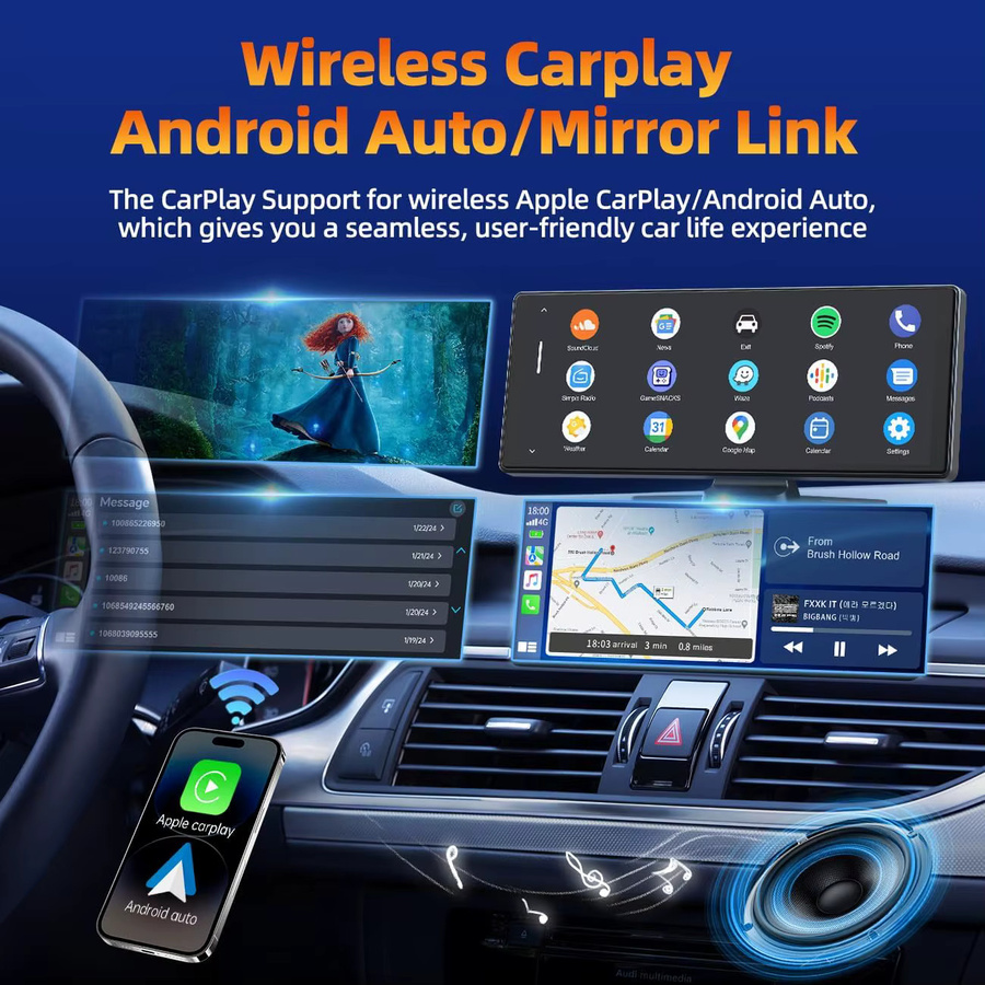 srnubi Kabelloser CarPlay Bildschirm für das Auto mit 4K Dash Cam, 5G WiFi, Android Auto, Dual Lens und GPS-Navigation, Schwarz, 7/10,26 Zoll - Bild 3
