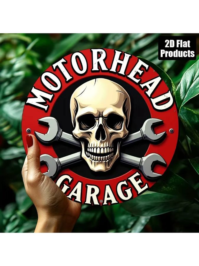 Rundes Wandschild Potdemiel im Vintage-Stil mit Motorrad-Schädel-Motiv aus Aluminium und Metall - Bild 7
