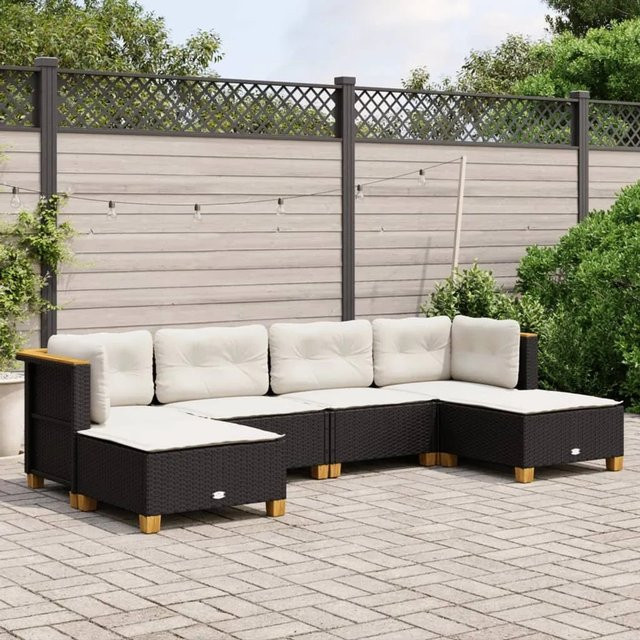 vidaXL 6-tlg Garten-Sofagarnitur in L-Form aus Polyrattan und Akazienholz mit Kissen, Schwarz - Bild 1