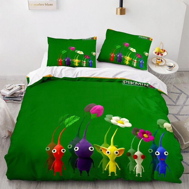 Allbestart Pikmin Bettwäscheset mit Hocotate und Olimar Motiv, Grün, 2-3-teilig, B/B: 228 x 228 cm - Bild 1