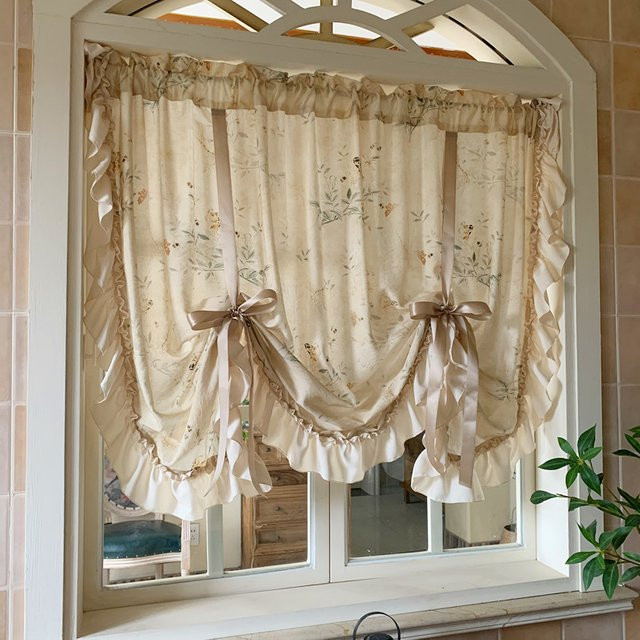 Yvonicky Vintage-Retro-Vorhang aus Leinenmischung in Beige mit floralem Design, semi-transparent, B: 75,0 cm, H: 63,0 cm - Bild 1
