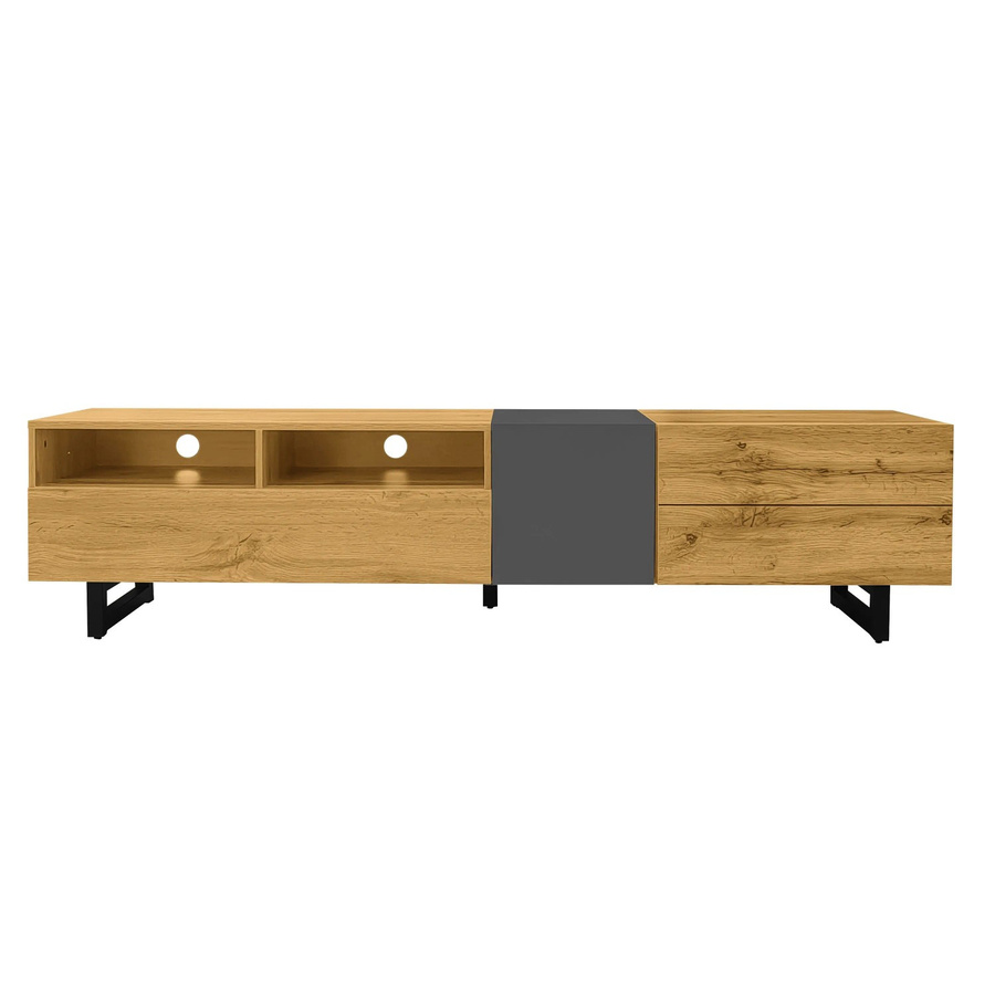 okwish TV Schrank mit Türen und Fächern in Retro Holzmaserung und Metallbeinen, Farbe Natur, B/T/H: 170 x 36,5 x 42 cm - Bild 2