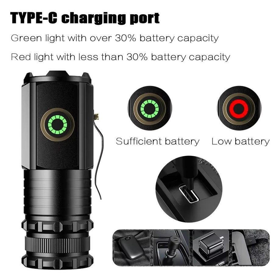 JIASHUAIXIN Mini-LED-Taschenlampe mit 3 LEDs, ultra starkes Licht, USB wiederaufladbar, Schwarz mit Stiftclip und Magnet - Bild 2