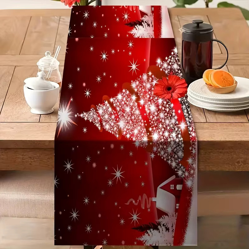 VIKAMA Weihnachts Tischläufer Rot mit Schneeszene und Schneeflocken, B/T: 183 x 33 cm - Bild 2