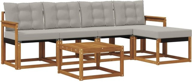 vidaXL Outdoor-Sofagarnitur 6-teilig aus Akazienholz und Textilene in Natur und Grau mit Kissen - Bild 1
