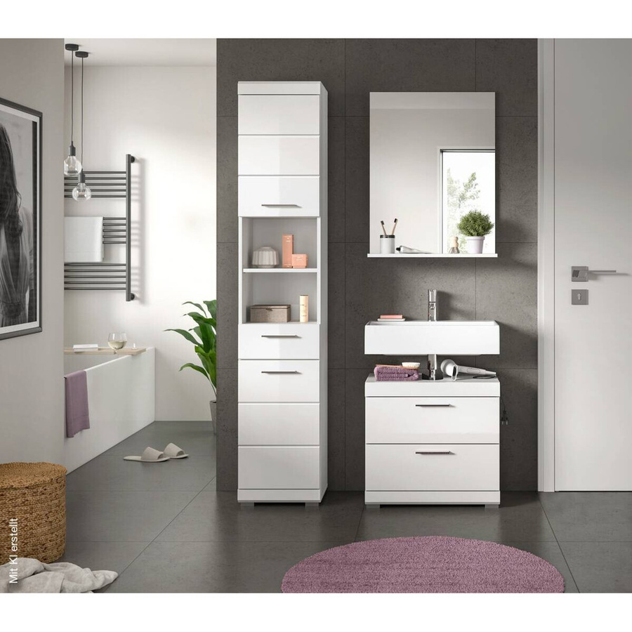 Xonox Badkombination 3-teilig in Weiß Hochglanz mit Unterschrank, Spiegelschrank und Hochschrank, B/H/T: 112 x 191 x 34 cm - Bild 2