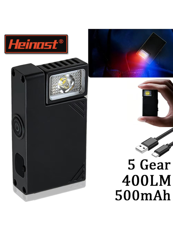 Heinast Mini-EDC-Taschenlampe aus Aluminium mit USB-Ladefunktion, drehbarem Kopf, Stiftclip und roter sowie blauer Notbeleuchtung in Schwarz - Bild 6