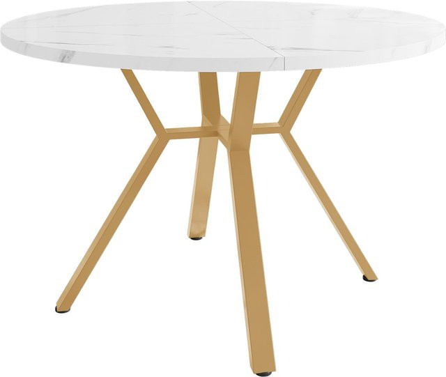 Moderner runder Esstisch für 4 Personen mit x-förmigem Metallgestell in Weiß und Gold, B/T/H: 100 x 100 x 75 cm - Bild 1