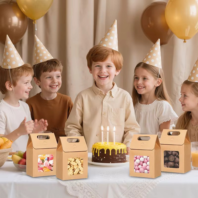 6 oder 12 Stück Kraftpapier-Geschenkboxen mit Fenster und Griffen in Braun zum Falten für Partys und Festbedarf - Bild 4