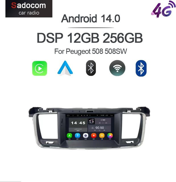 Sadocom Android 15 Autoradio mit 7 Zoll Display, 8-Kern Prozessor, 12GB RAM, 256GB ROM, GPS und CarPlay für Peugeot 508 und 508SW in Schwarz - Bild 1