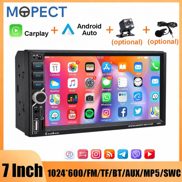 MOPECT 7 Zoll Doppel-DIN Autoradio mit Touchscreen, kabelloses CarPlay und Android Auto, Multimedia-Player mit Bluetooth, USB-C, Mirror Link und SWC in Schwarz - Bild 1