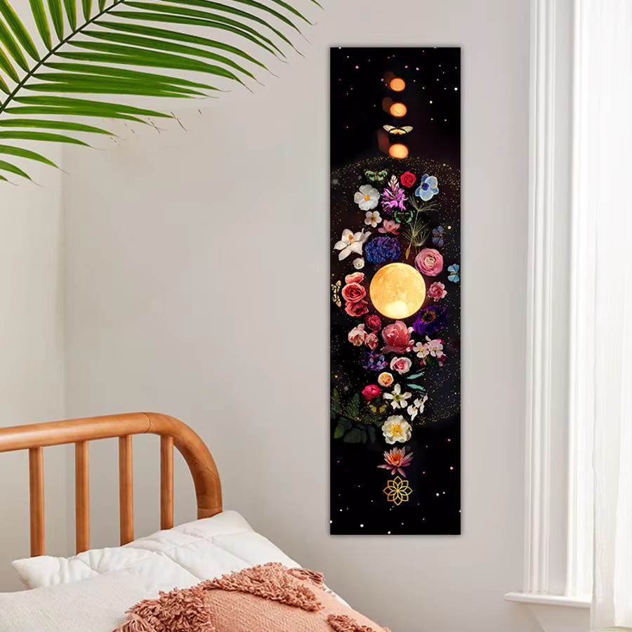 A BRIGHT RAINBOW Wandteppich mit Mondphasen, Sternen und Blumen in Schwarz im Boho-Stil, Breite: 150 cm, Höhe: 40 cm - Bild 2