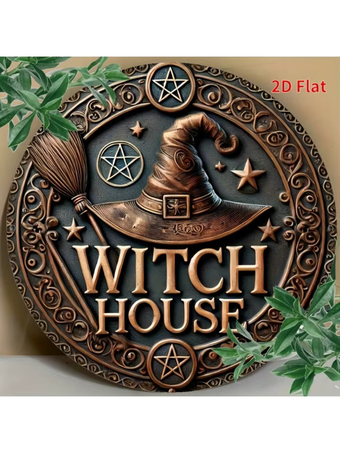 HELLOYOUNG Vintage Hexenhaus Metallschild, Kreisförmige Eisen Wanddekoration mit Sternen, Hexenhut und Besen Design für Halloween, Braun, Durchmesser: 30 cm - Bild 4