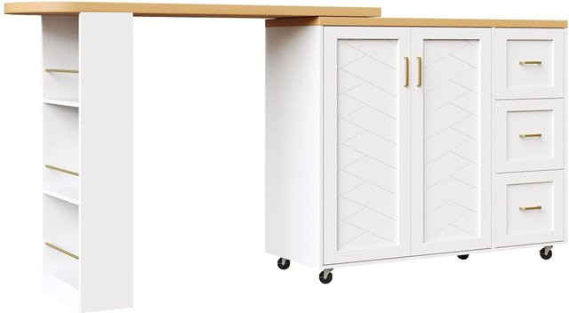 okwish Barwagen mit verlängerbarer Platte in Weiß, moderner Servierwagen mit Türen und Schubladen für Küche und Wohnzimmer, B/T/H: 228 x 39 x 104 cm - Bild 1