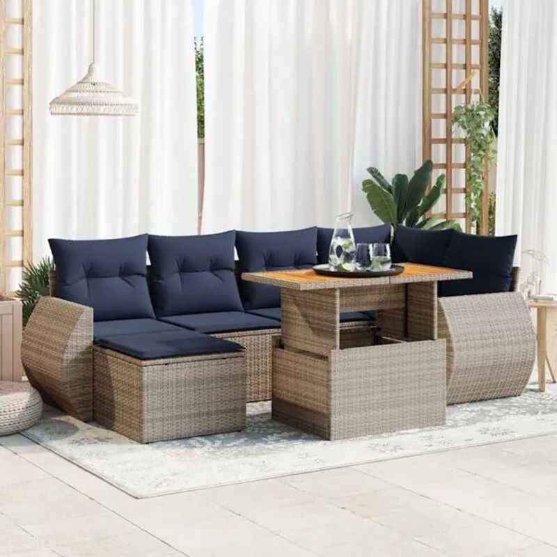 7-tlg. modulare Garten-Sofagarnitur mit Fußhocker aus Poly-Rattan und Kissen in Grau von vidaxl - Bild 1