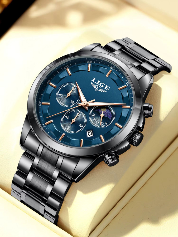 LIGE Armbanduhr Chronograph, Quarz, Edelstahl, Blau, Herren - Bild 6