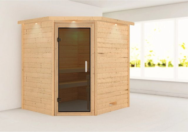 Karibu Sauna Mia LED-Dachkranz aus Natur Fichte Massivholz in Braun - Bild 1