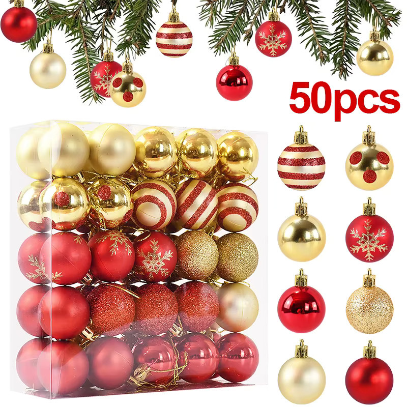 ZQNYCY Weihnachtskugeln Set in Rot und Gold, 50 Stück runde Christbaumanhänger für Weihnachtsdekoration und Silvester - Bild 6