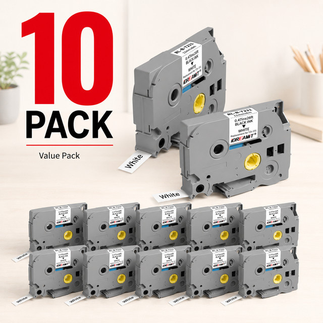 Brother 10er-Pack laminiertes TZe-Etikettenband TZe231, schwarz auf weiß, Breite: 12 mm, Länge: 8 m, kompatibel mit Brother P-Touch TZe231 TZ-231 T231 Druckern - Bild 1