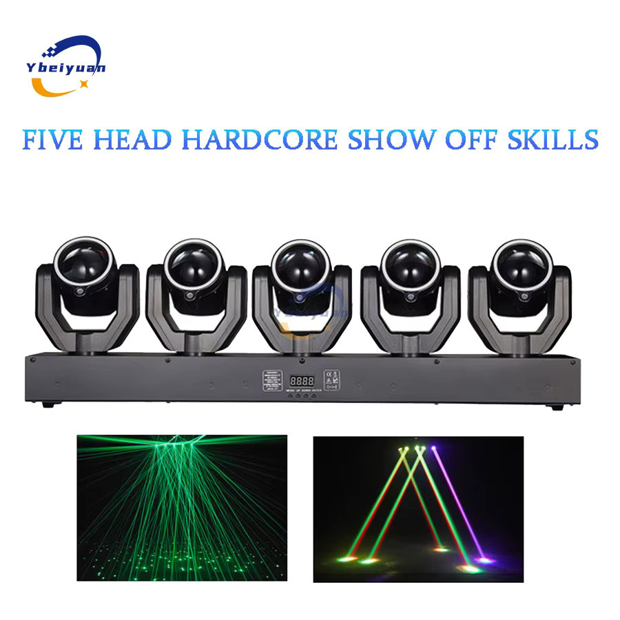 Ybeiyuan 5-Kopf LED Moving Head mit 180W, RGBW Strahl und grünem Laser, DMX512 und Sprachsteuerung, Schwarz - Bild 2