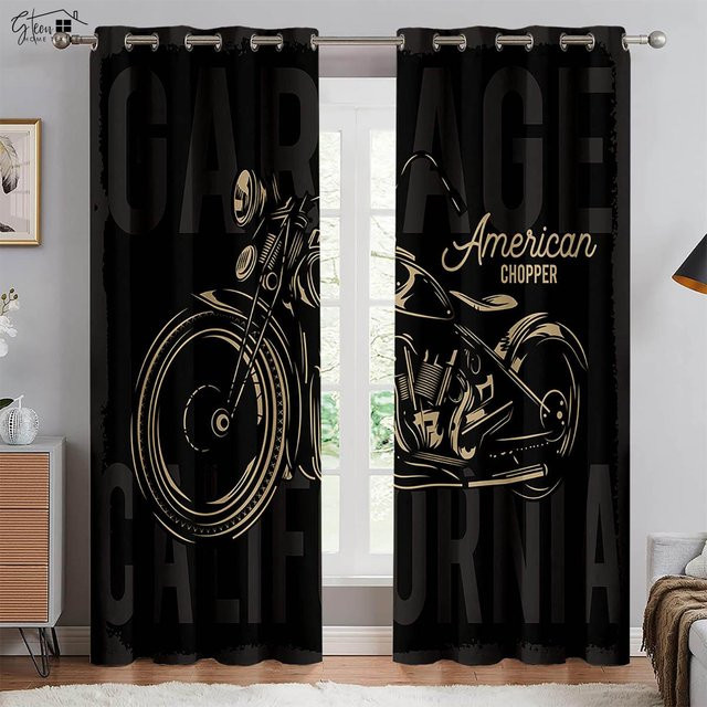 Retro Motorrad Fenstervorhänge im industriellen Stil mit 3D-Druck, 2er-Set, Schwarz, B: 50 cm, H: 130 cm - Bild 1