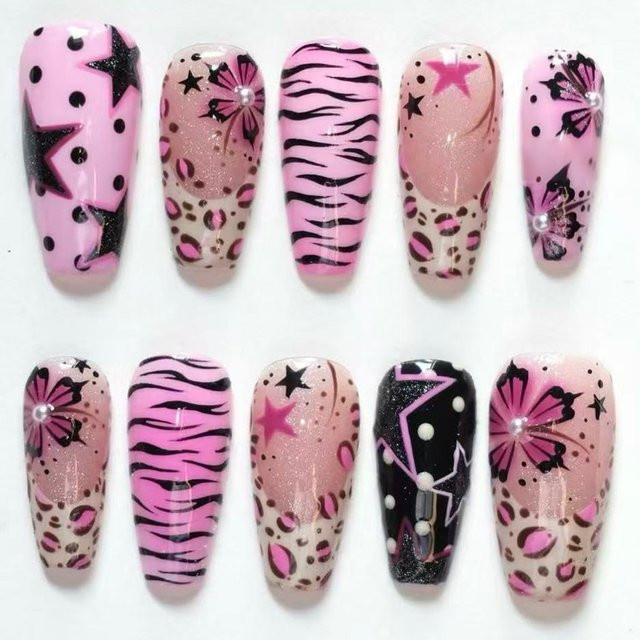 YADORNOS Press on Nails Schwarz Rosa, Glänzend, 30 Stück - Bild 1