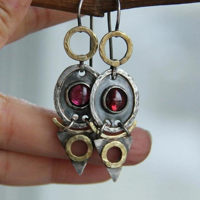 POMOiii Ohrringe, oval, roter Stein, zweifarbig, antiksilberfarben, Damen - Bild 1