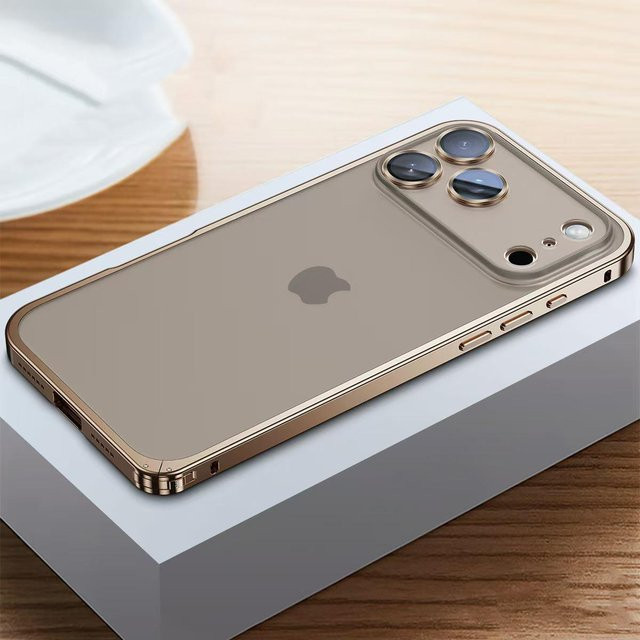Reggo Metallrahmen-Objektivschutzhülle für iPhone 17 16 15 14 13 12 Pro Max mit matter Rückseite aus Aluminium in Goldgelb - Bild 1