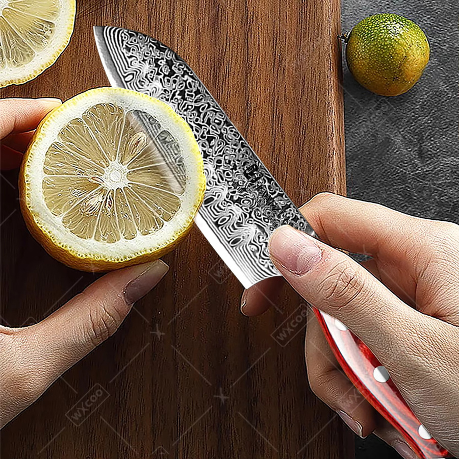 TAMZUO Santoku Messer aus Damaststahl, handgeschmiedetes japanisches Allzweckmesser mit Holzgriff, Mehrfarbig, Länge: 12,7 cm - Bild 2