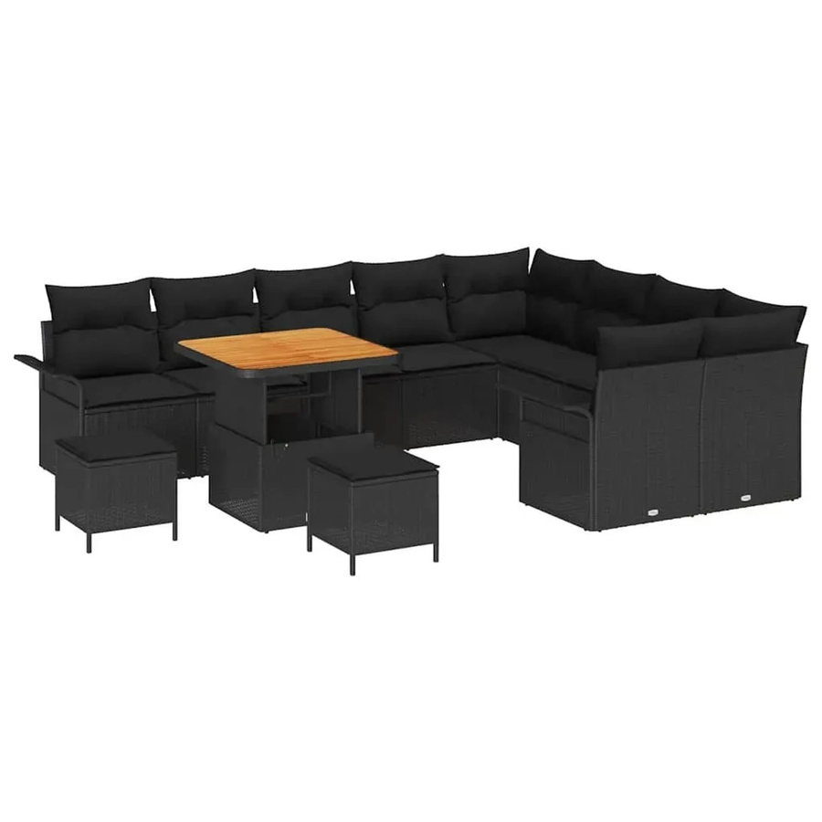vidaXL 12-teiliges Garten-Sofa-Set in Schwarz mit Kissen und Tisch aus Poly Rattan und Akazie - Bild 2
