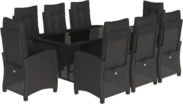 vidaXL 9-teilige Garten-Essgruppe aus schwarzem Poly-Rattan mit Kissen und Hartglas-Tischplatte - Bild 1