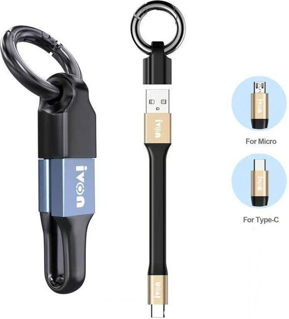 LONGPEAN Ultrakurzes Schlüsselbund-USB-Datenkabel für Smartphone und Tablet mit USB-C und USB-A, Schnellladefunktion 2.1A, Blau und Schwarz - Bild 1