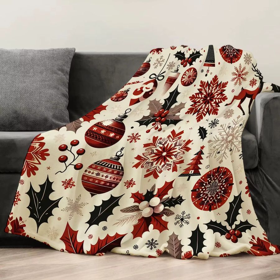 JIT Weihnachts-Flanell-Decke mit Schneeflocken und Stechpalmenmuster in Rot und Multicolor - Bild 4