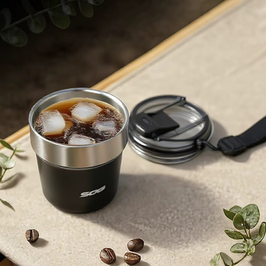 SOG Vakuum-Reisewasserflasche und Kaffeetasse aus Edelstahl mit Lanyard, schwarz, 240 ml - Bild 4