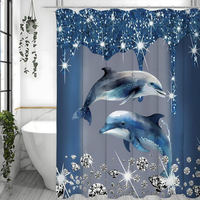 Diamond Dolphin Wasserdichter Duschvorhang mit Delfin-Motiv in Blau, B/H: 180 x 180 cm - Bild 1